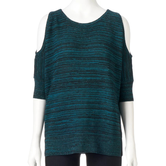 Apt. 9 Teal Green Metallic Cold-Shoulder Knit Sweater Top Size Womens Large - Picture 1 of 10